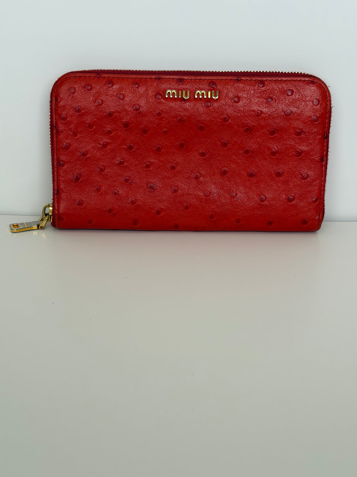 Mui Mui Ostrich Embossed Zip Around Wallet