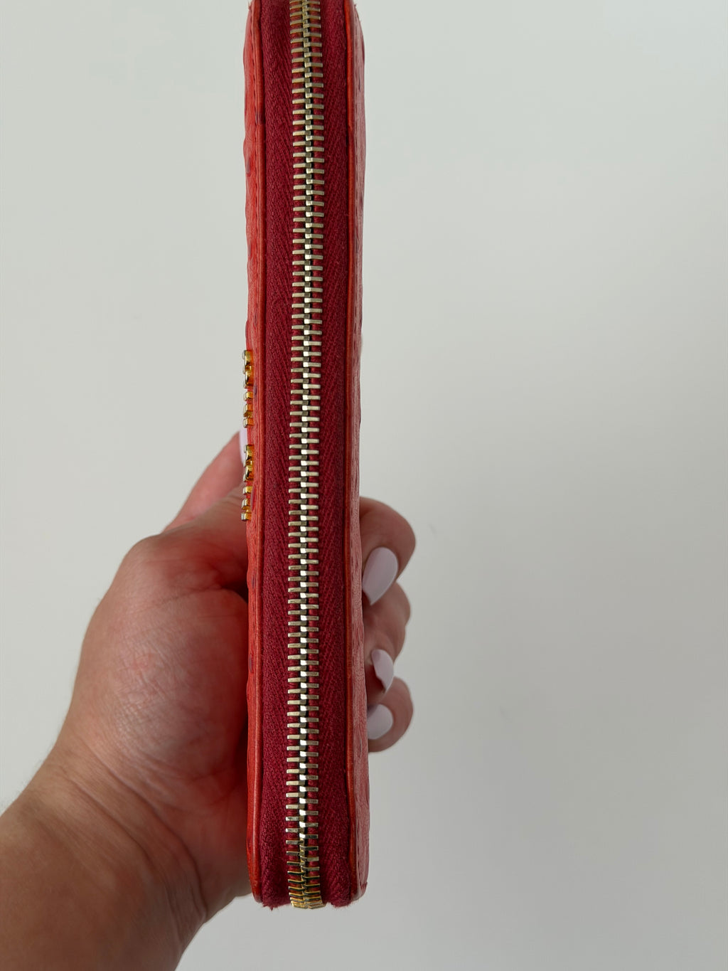 Mui Mui Ostrich Embossed Zip Around Wallet